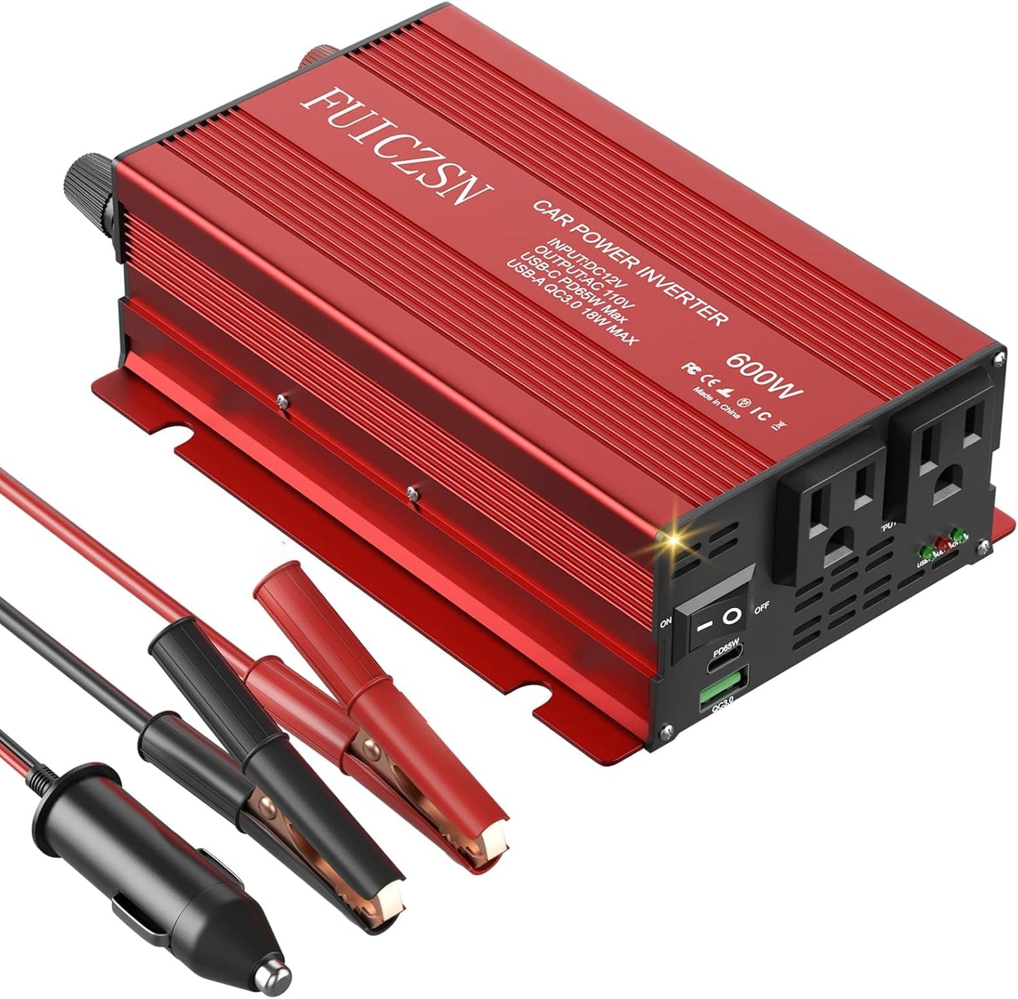 600W Car Power Inverter with Dual AC Outlets and Fast Charging