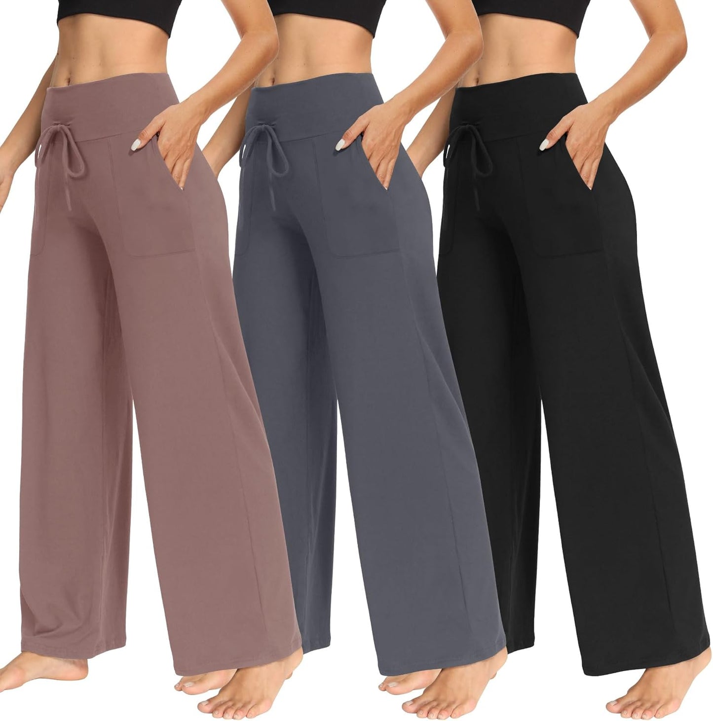 TNNZEET Women's Wide Leg Pants - Casual Yoga Trouser 3 Pack