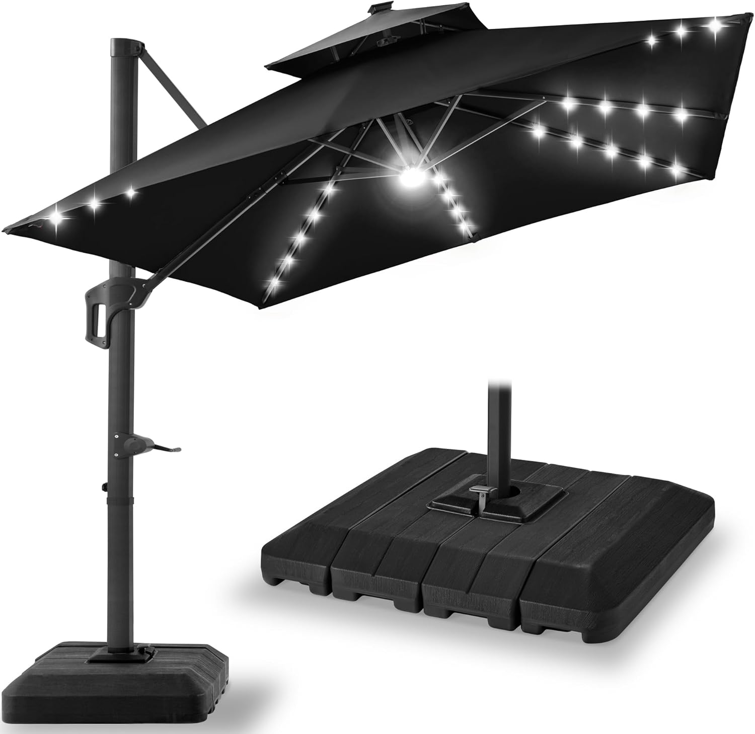10x10ft Cantilever Patio Umbrella with Solar LED Lights and Base