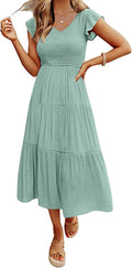 Women's Flutter Sleeve Smocked Midi Dress with Pockets - US Sizes