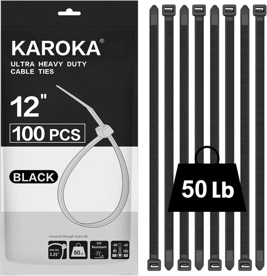 Karoka Black Zip Ties 12 (100 Pack) - Strong 50 lb, UV Resistant for Indoor/Outdoor