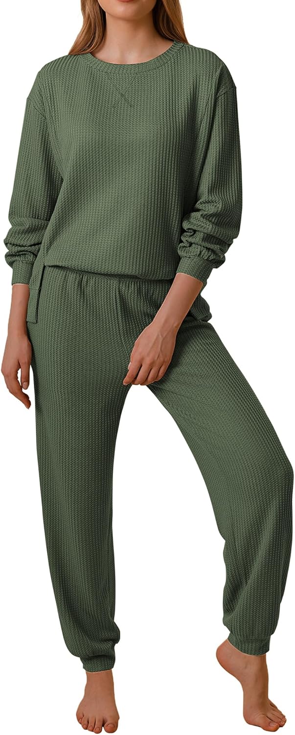 Ekouaer Waffle Knit Lounge Sets for Women Long Sleeve Pajamas