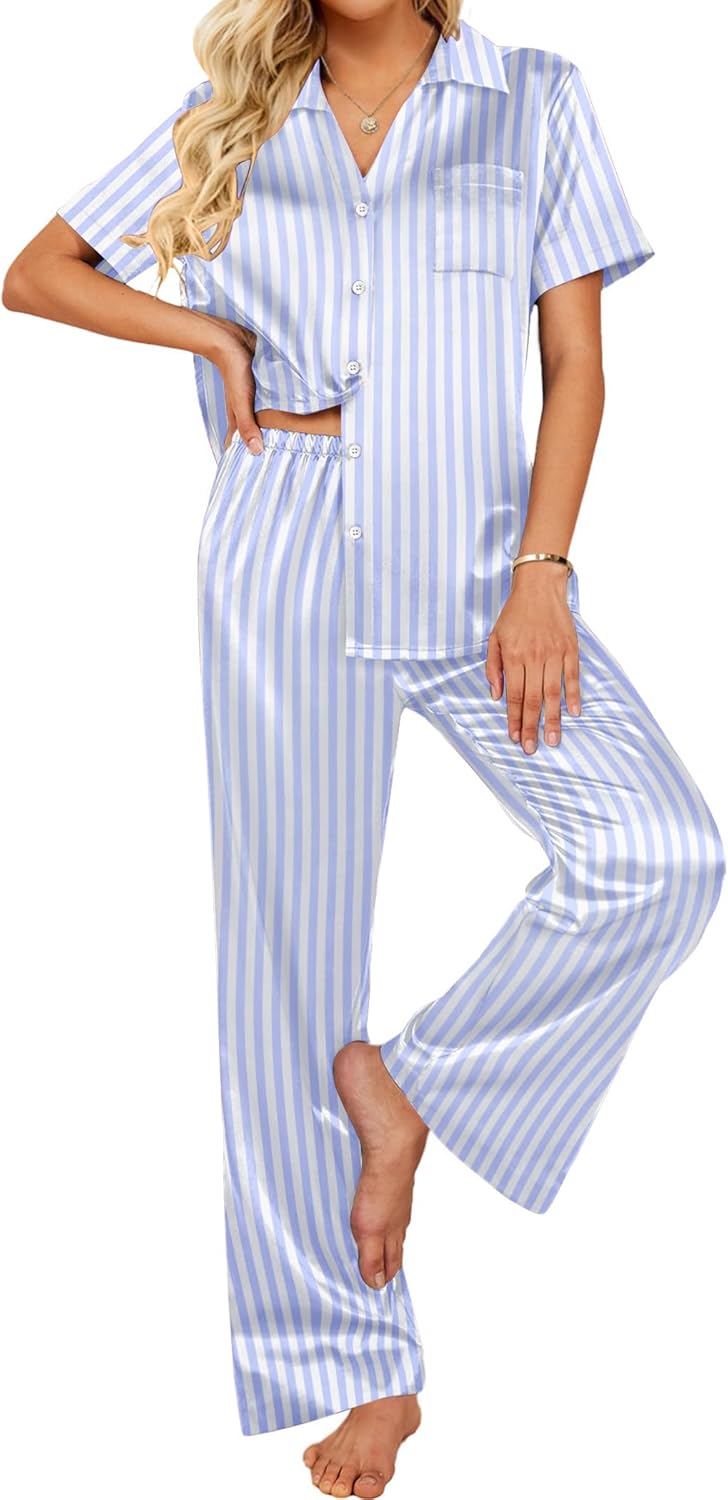 Ekouaer Silk Pajamas Set for Women - Soft Satin Pjs with Pockets