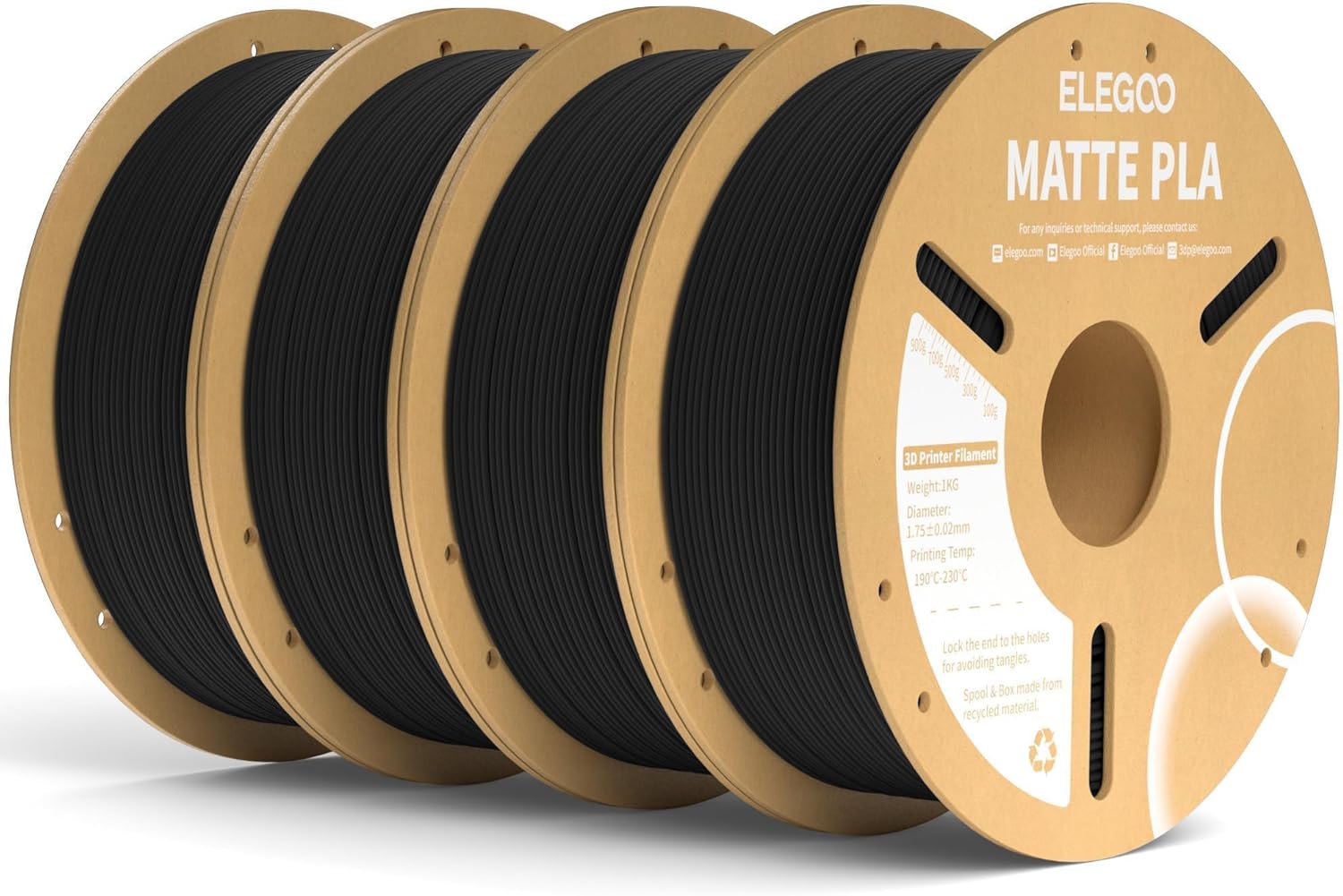 ELEGOO Matte PLA Filament for 3D Printers - 4KG Matte Black