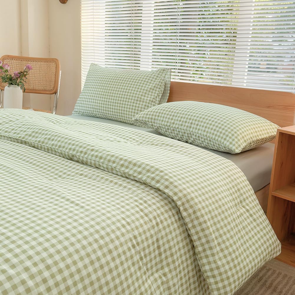 Elegant Sage Green Gingham Queen Comforter Set for Cozy Bedrooms