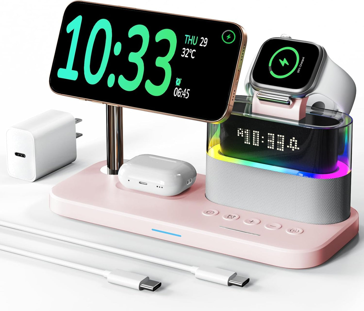 Compatible 15W Charging Station with Alarm Clock and Night Light