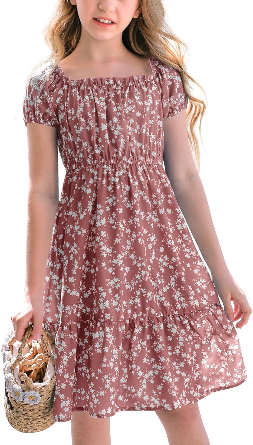 Girls Summer Dress Floral Square Neck Puff Sleeve A-Line Midi