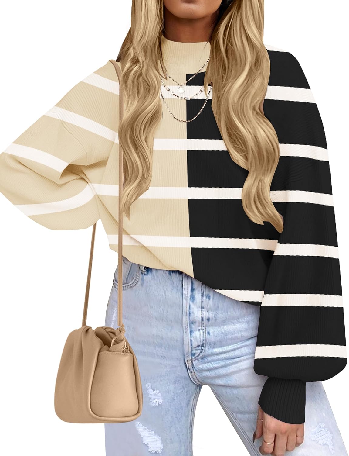 Stylish Turtleneck Long Sleeve Striped Pullover Sweater Tops