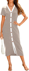 Women Striped Ribbed Knit Midi Dress - Comfortable Summer Fit
