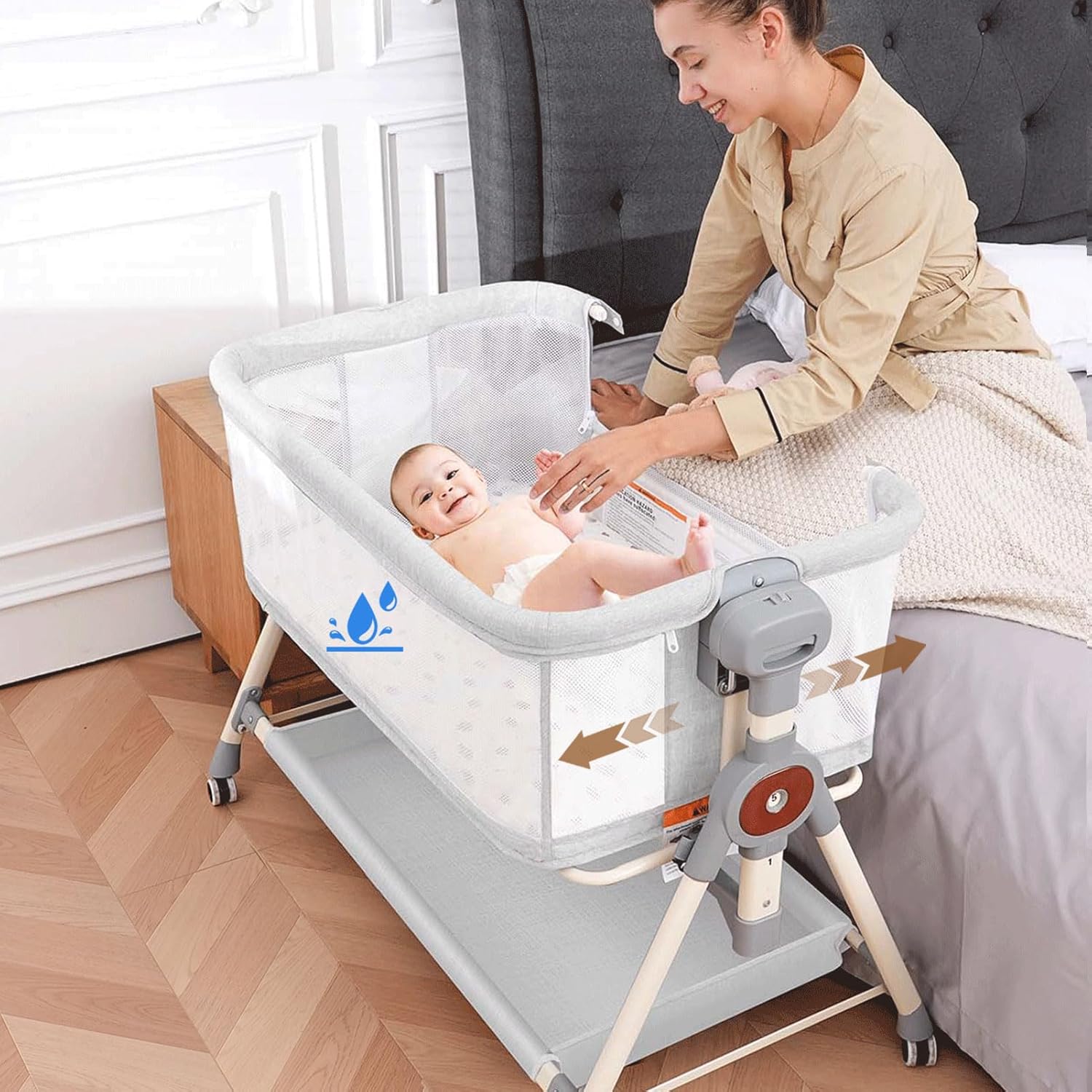 Baby Bassinet with Waterproof Sheet and Adjustable Height Features