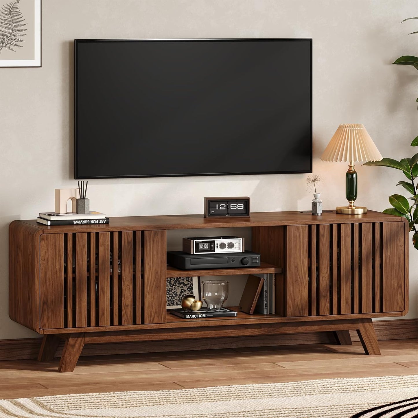 Mid-Century Modern TV Stand with Power Outlet, Walnut - 75 TVs