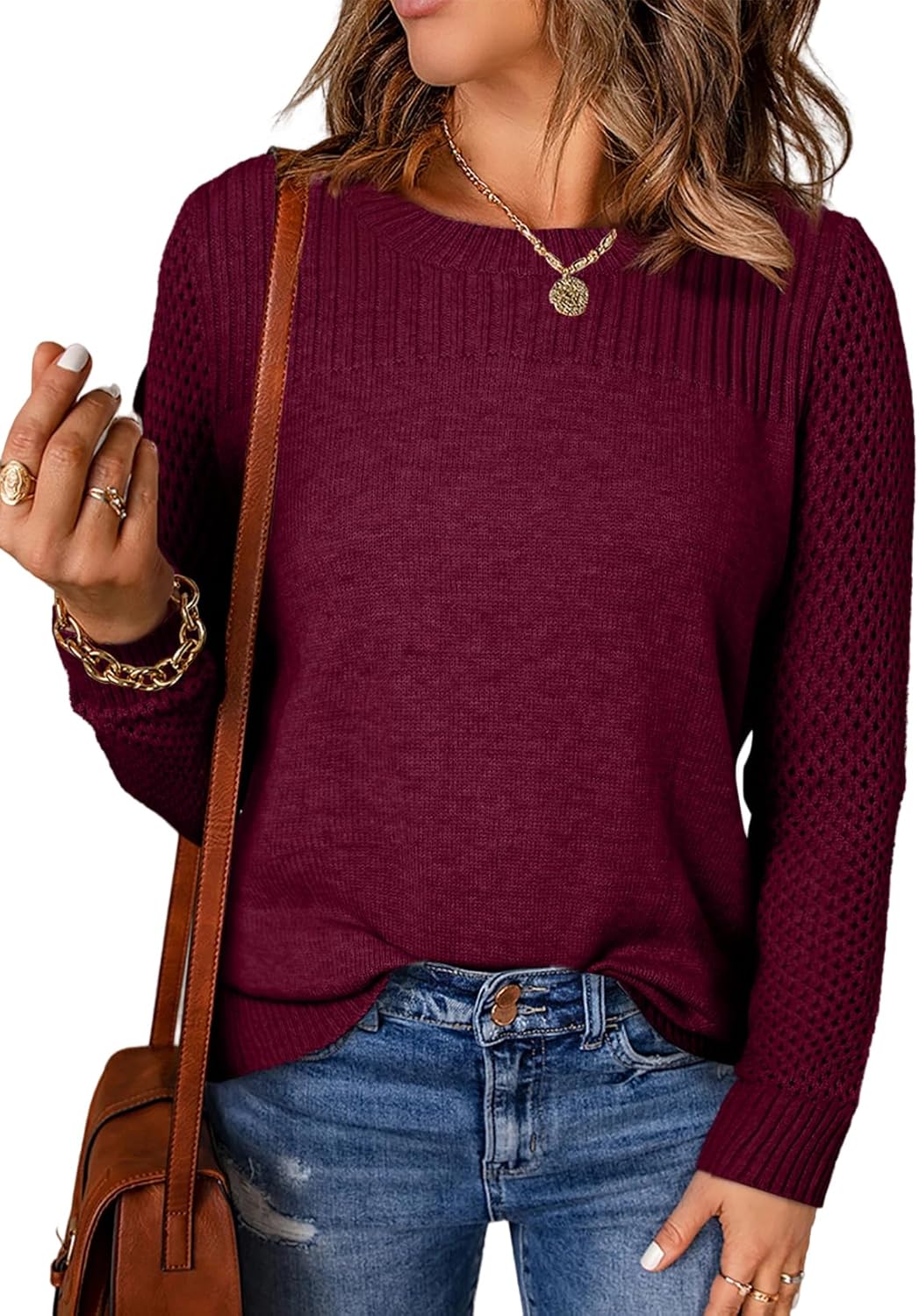 EVALESS Womens Sweaters Casual Long Sleeve Crewneck Knit Pullover