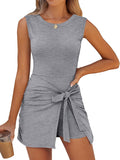 Women Sleeveless Bodycon Tie Cinched Waist Romper Skort Mini Dress