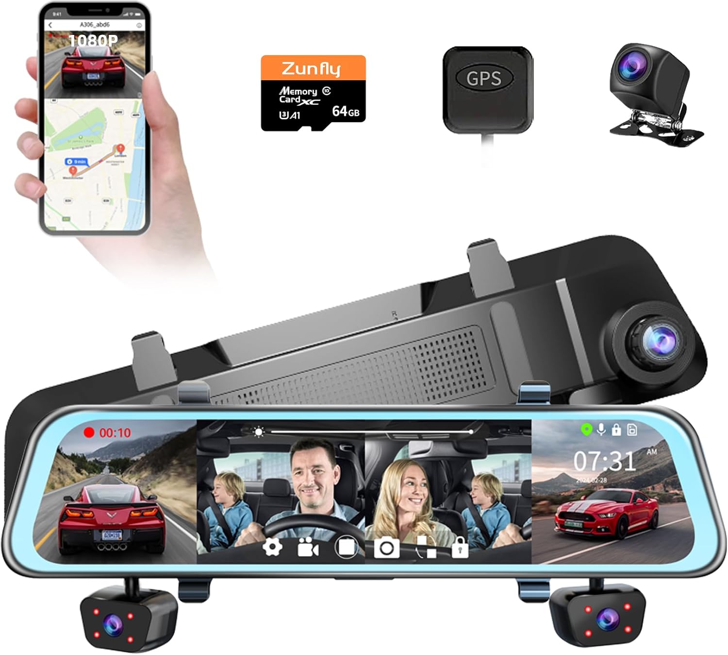 4 Channel Mirror Dash Cam with FHD 1080P and Night Vision