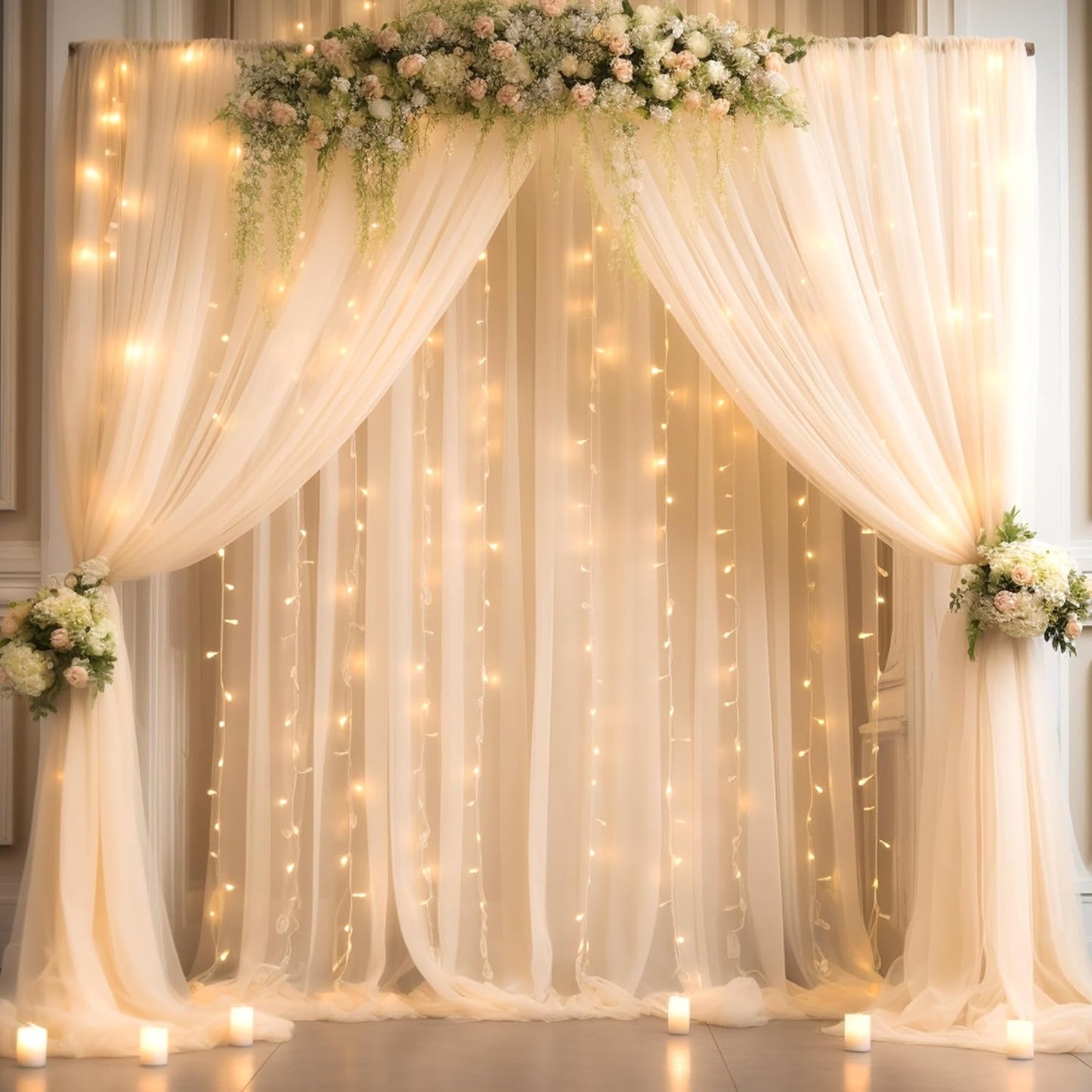 20x10ft Champagne Tulle Backdrop Curtain with Lights for Events