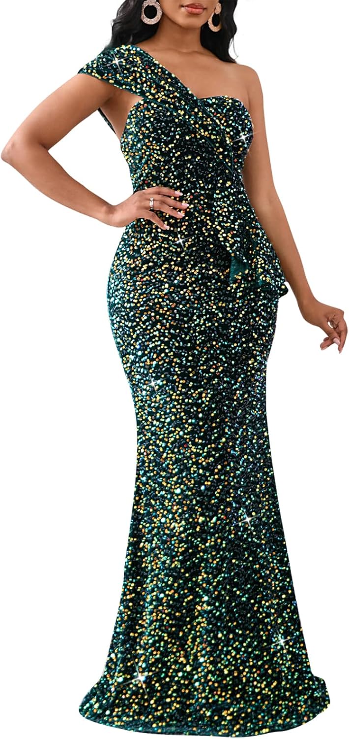 Cololura Women Sexy Sequin One Shoulder Mermaid Evening Dress