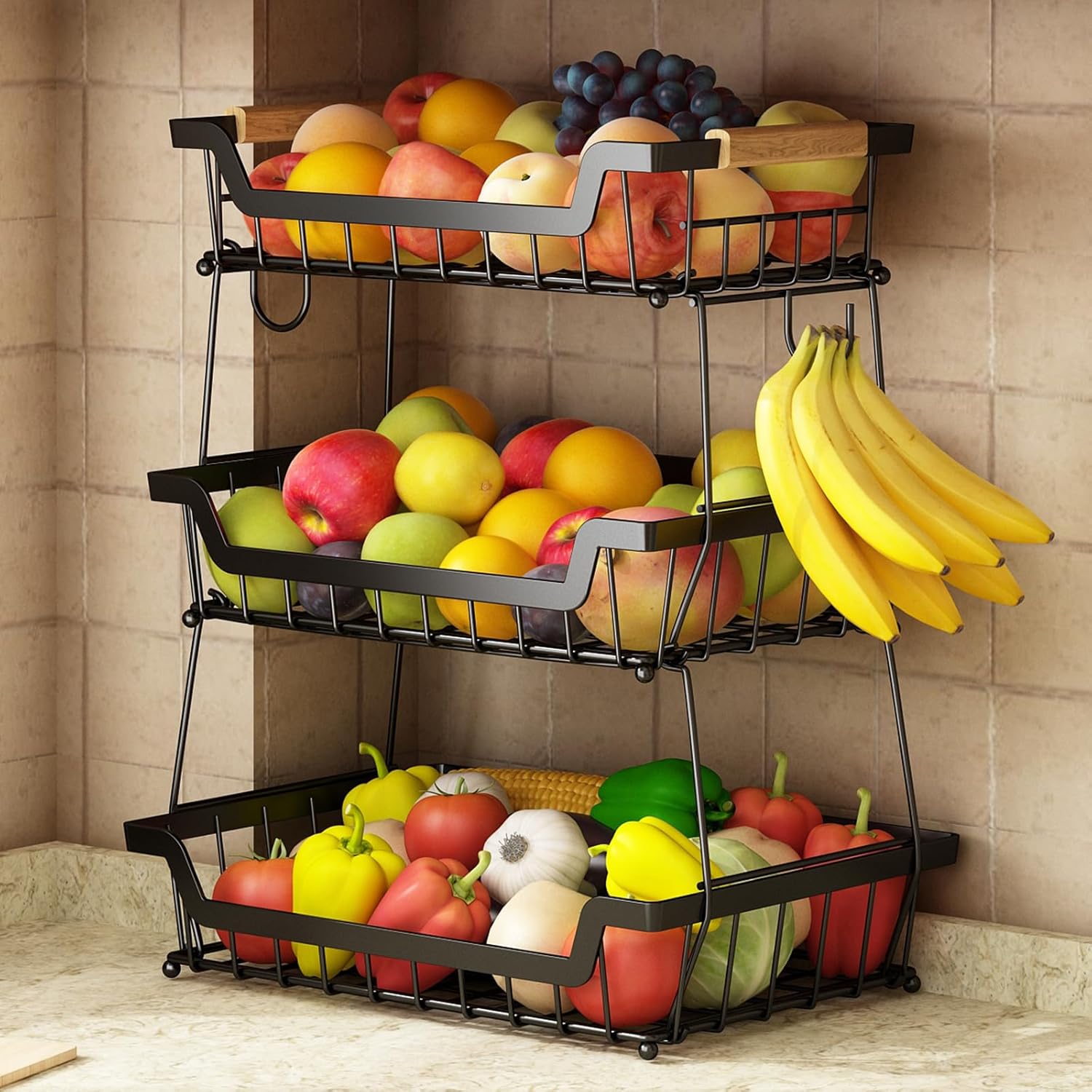 GILLAS 3 Tier Countertop Fruit Basket with Banana Hangers