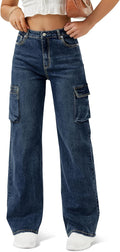 Women High Waisted Cargo Jean Wide Leg Straight Baggy Pants - Casual
