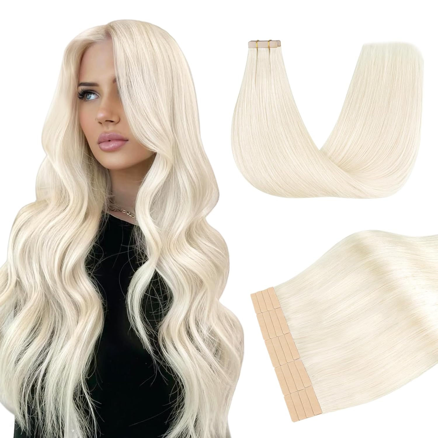 DOORES Tape in Hair Extensions Real Human Pearl Blonde 20 Inch