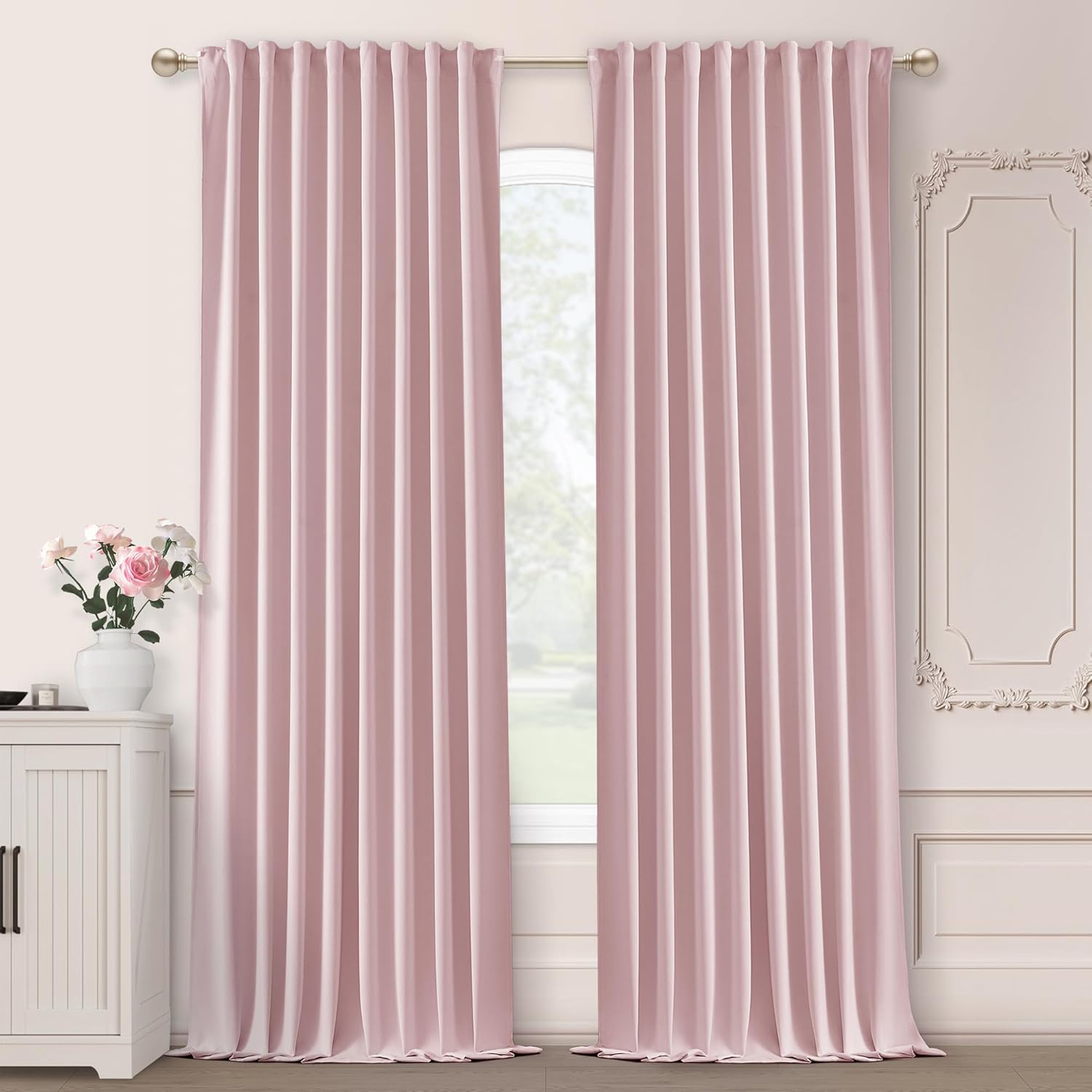 Pleated Pink Curtains for Kids Bedroom - 102 Inches Long Drapes