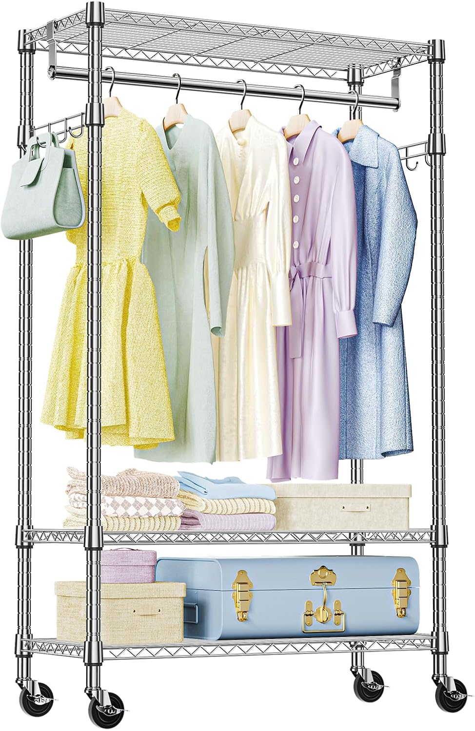 IZEUK Heavy Duty Rolling Garment Rack with Adjustable Shelves