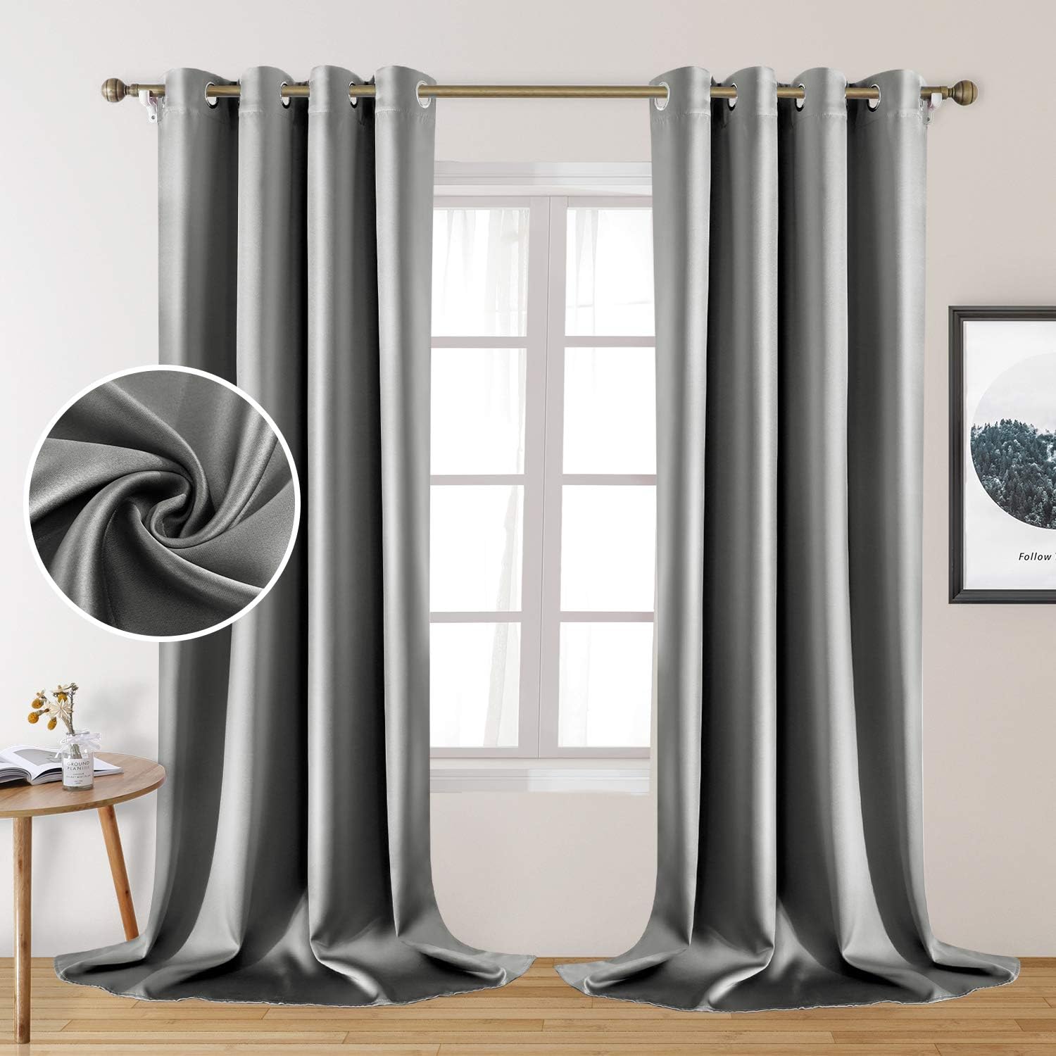 HOMEIDEAS 2 Panels Silver Grey Faux Silk Blackout Curtains Review