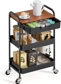 TOOLF 3-Tier Utility Rolling Cart with Wooden Top - Compact Organizer