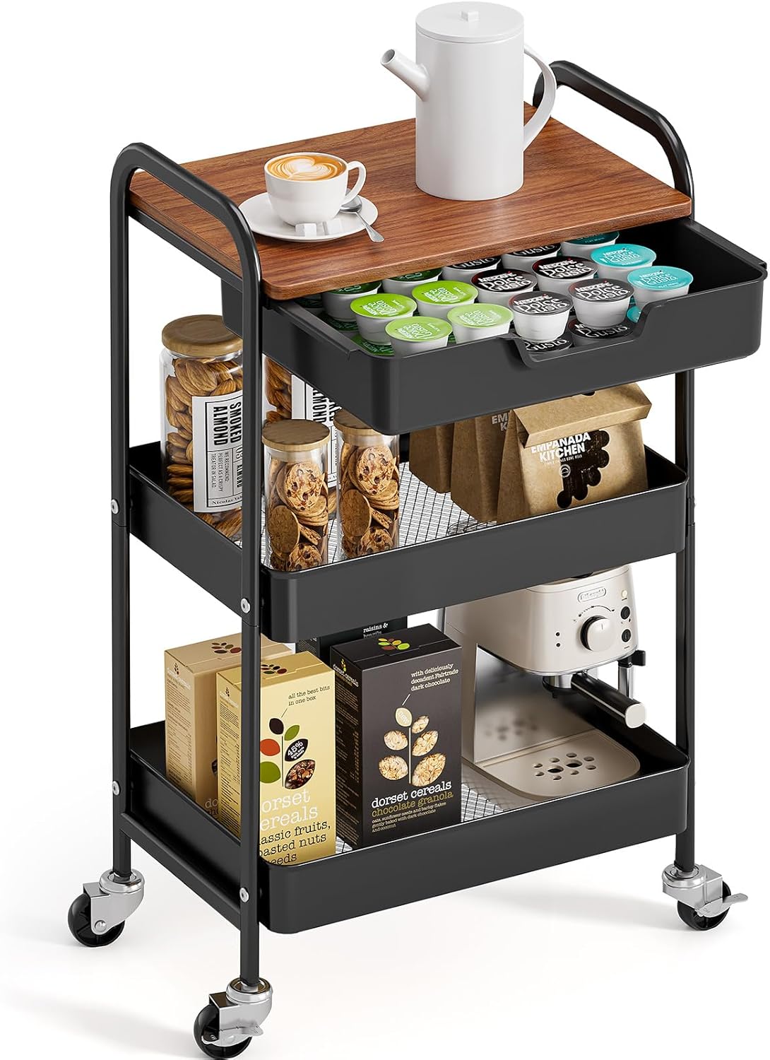 3-Tier Utility Rolling Cart with Wooden Board and Drawer Storage