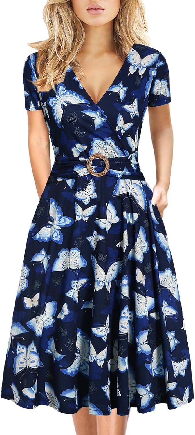 Elegant Criss-Cross V Neck Vintage Short Sleeve Dress with Pockets