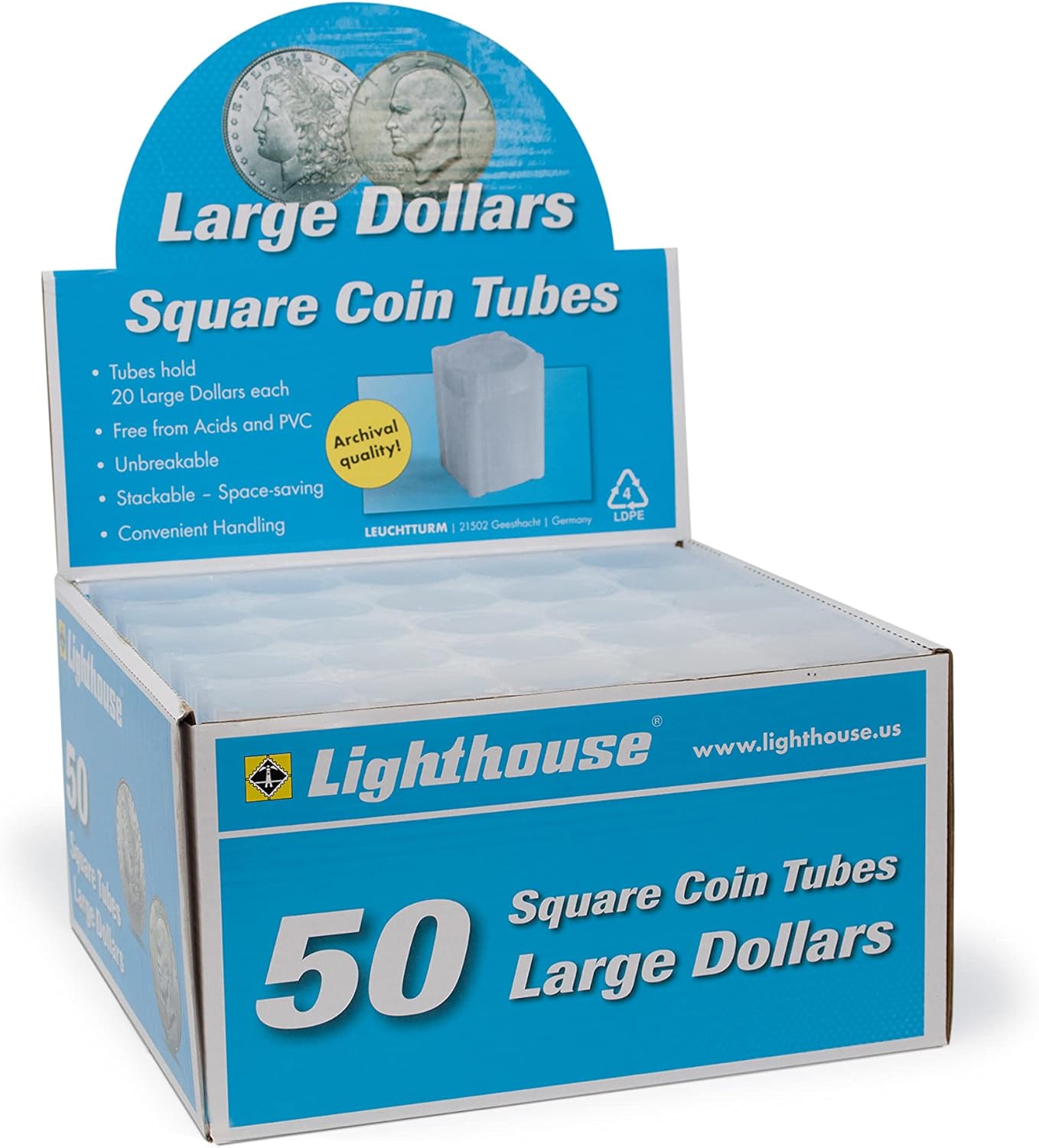 LIGHTHOUSE Square Coin Tubes for Large Dollars - 50 Pack