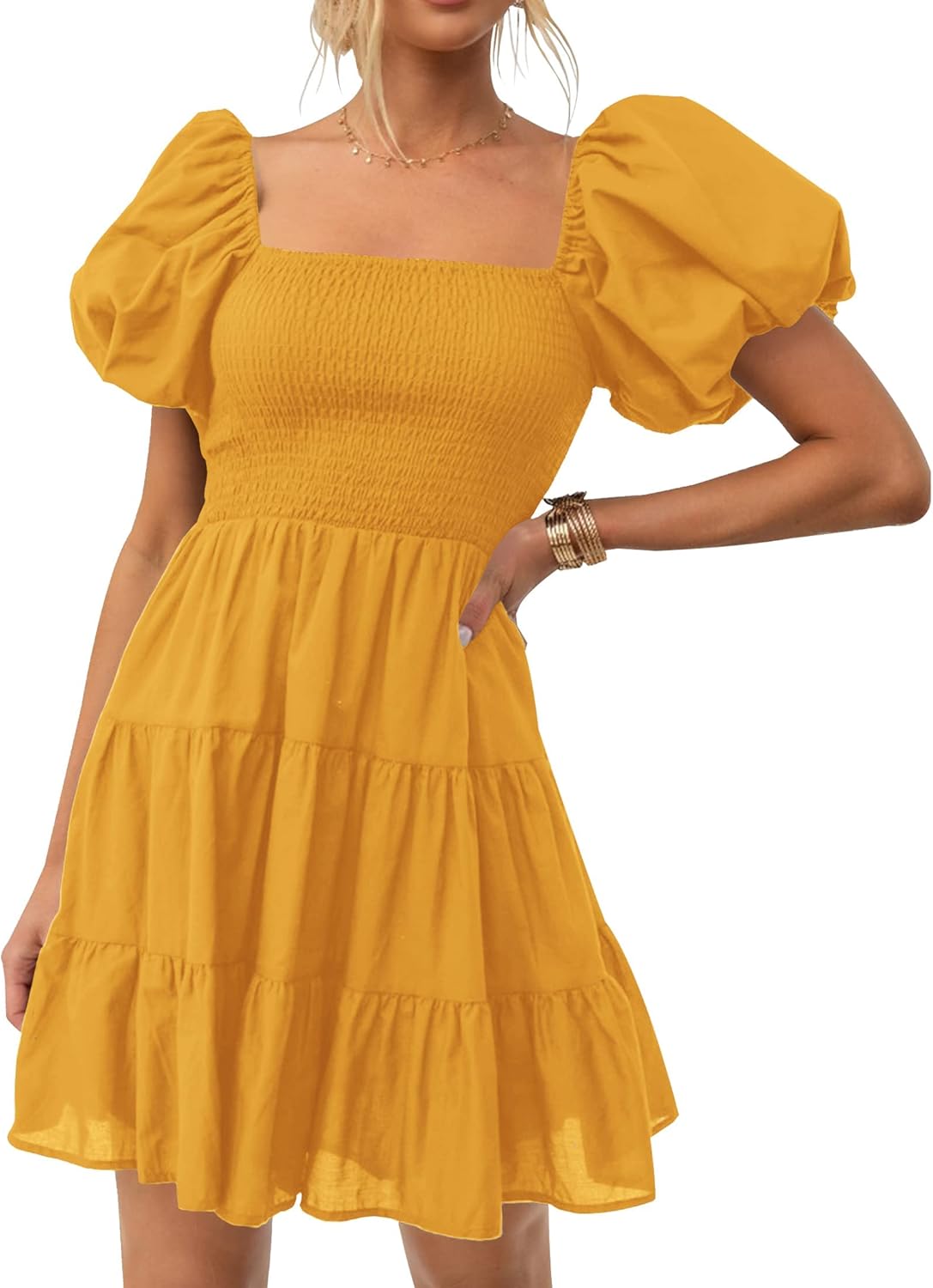 ZESICA Women's Boho Summer Square Neck Puff Sleeve Mini Dress