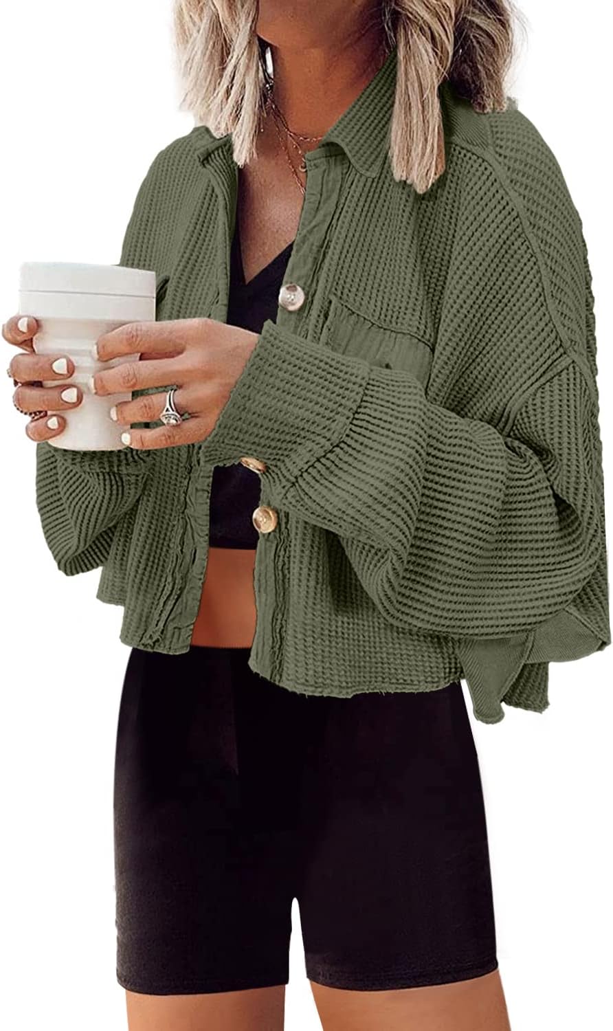 Cropped Waffle Knit Shacket for Women - Trendy Button Down Jacket
