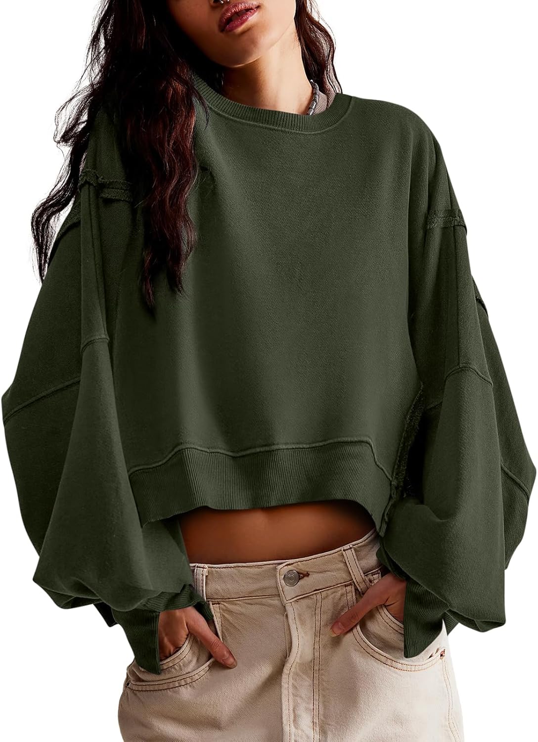 Zwurew Womens Casual Sweatshirt Long Sleeve Crop Pullover Tee