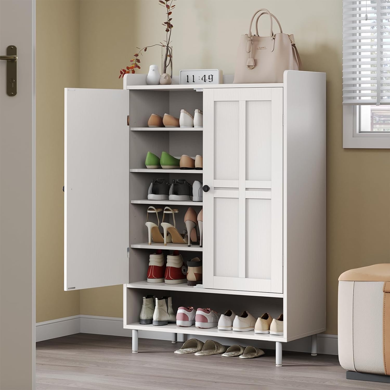 Shoe Storage Cabinet with Cross Molding Doors for Entryway