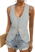 Womens Scoop Neck Linen Blazer Vest - Lightweight Cotton Summer Top