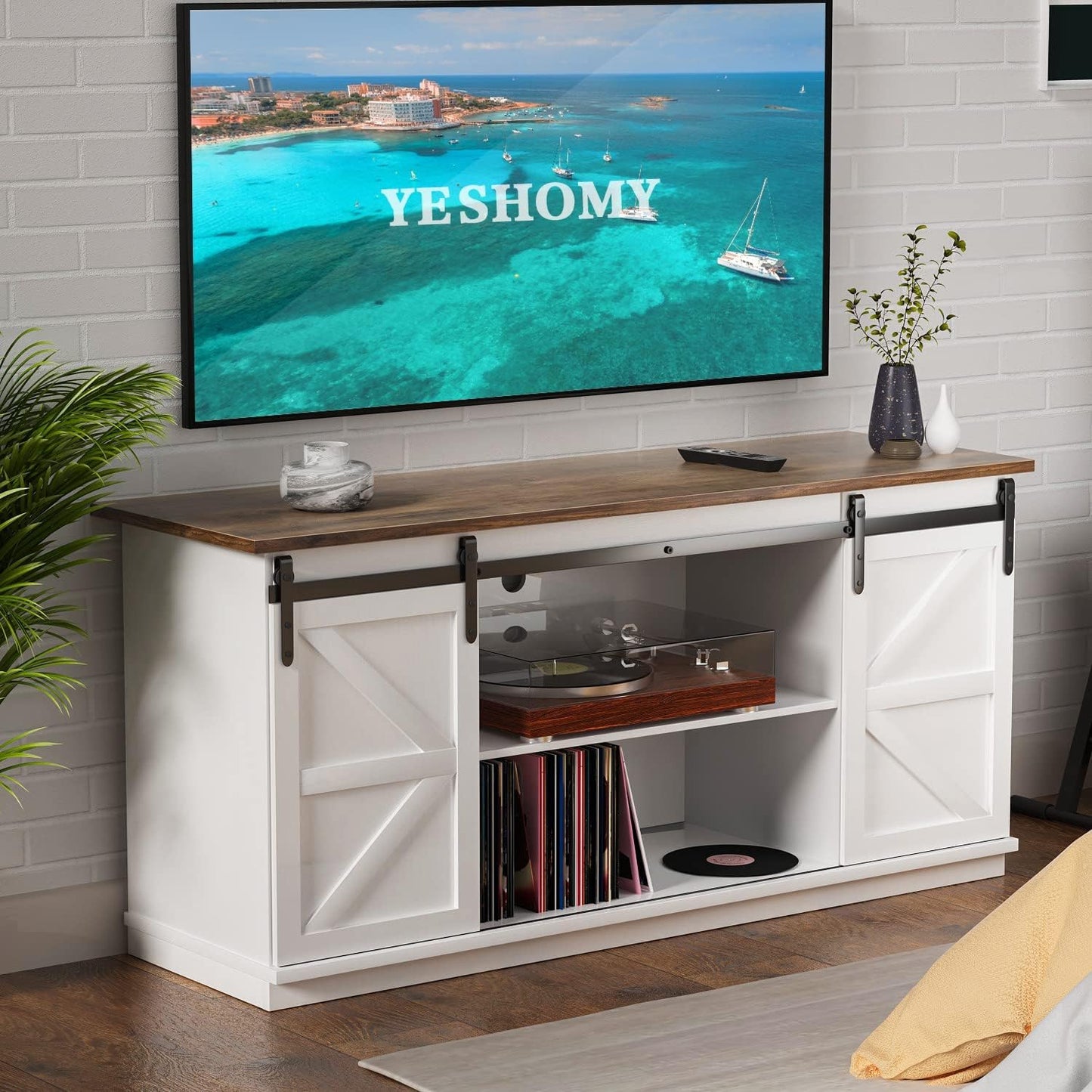 YESHOMY Farmhouse TV Stand with Sliding Barn Doors for 65 in TVs