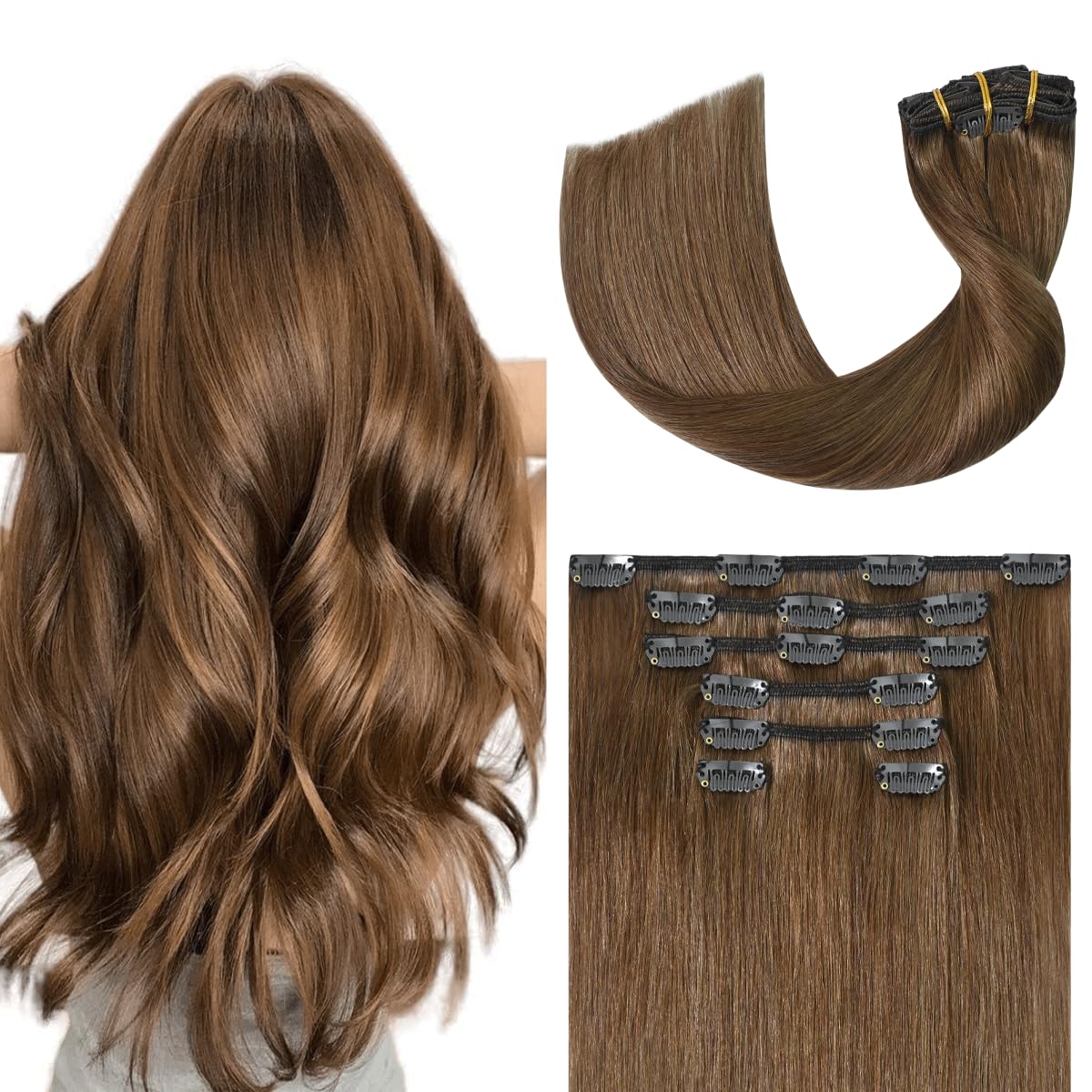 Light Brown Hair Extensions Clip in Human Hair for Women 22 in