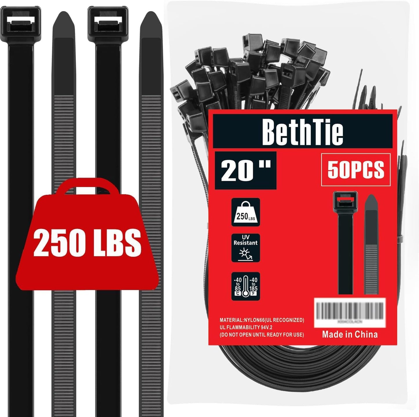 BethTie 20 Heavy Duty Zip Ties - 250 LBS Strength