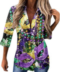 Mardi Gras Mask Print V-Neck Top ~ Festive Carnival Style!