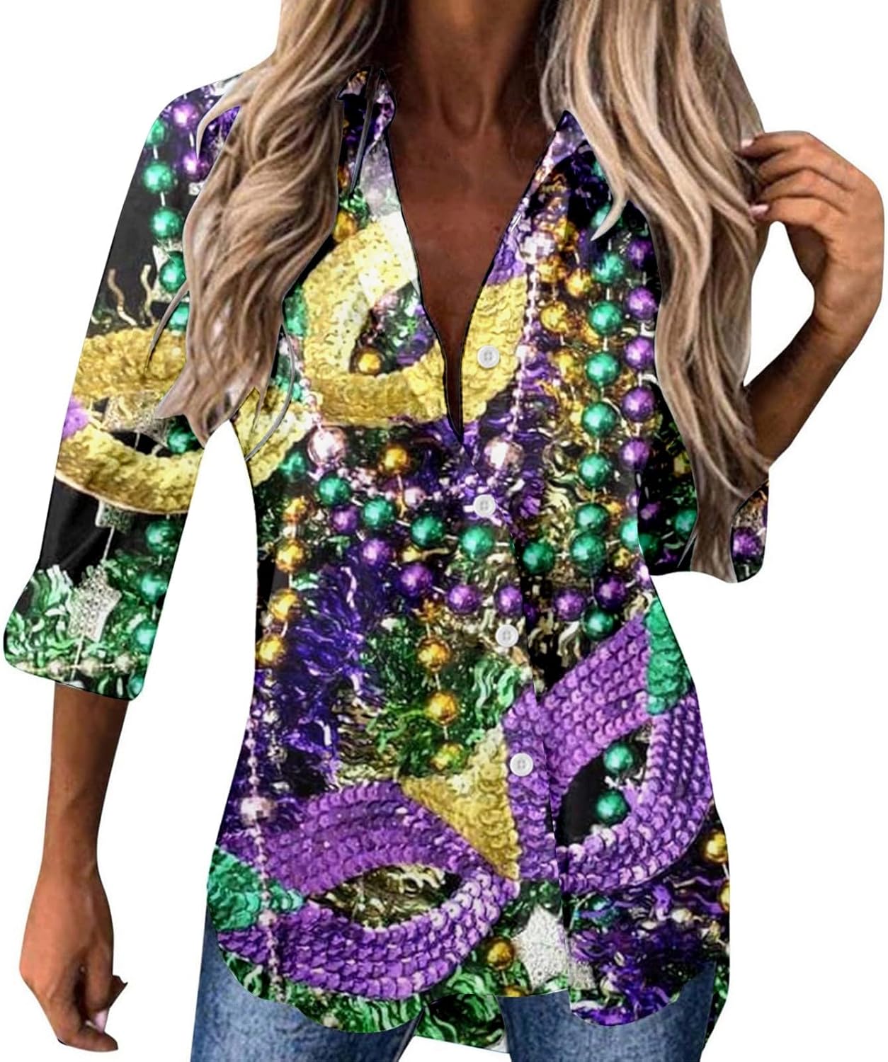 Mardi Gras Mask Print V-Neck Top ~ Festive Carnival Style!