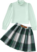 Girls Plaid Skirt Set with Puff Long Sleeve Mock Neck Top - Sizes