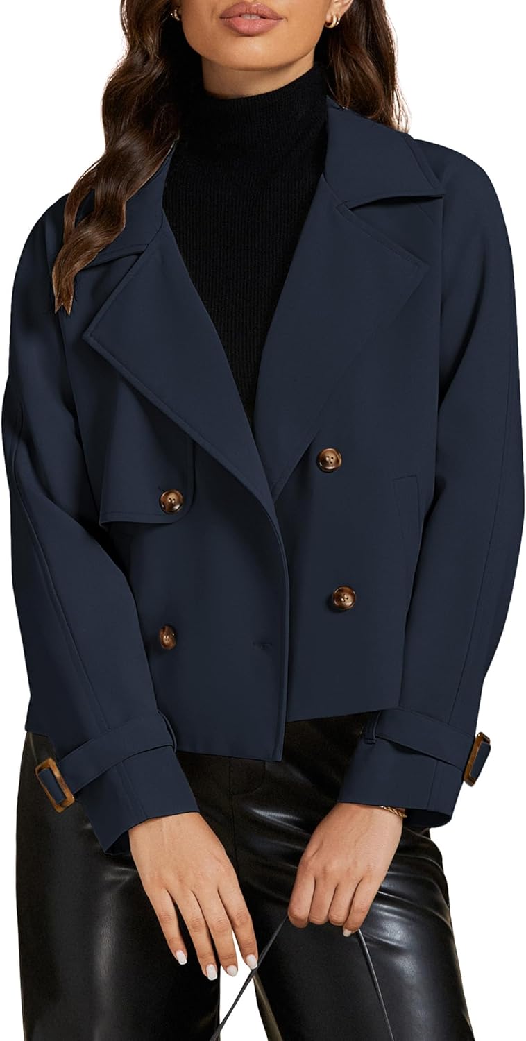 Cropped Trench Coat for Women with Notched Lapel and Pockets