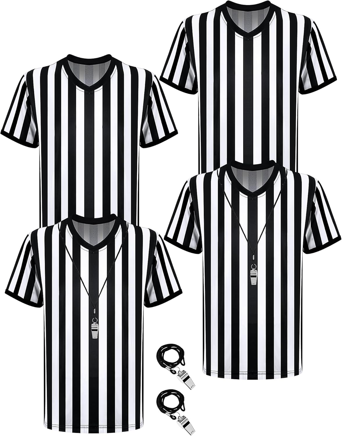 Sintege 4 Sets Soccer Referee Stripe Shirt with Whistle Costume
