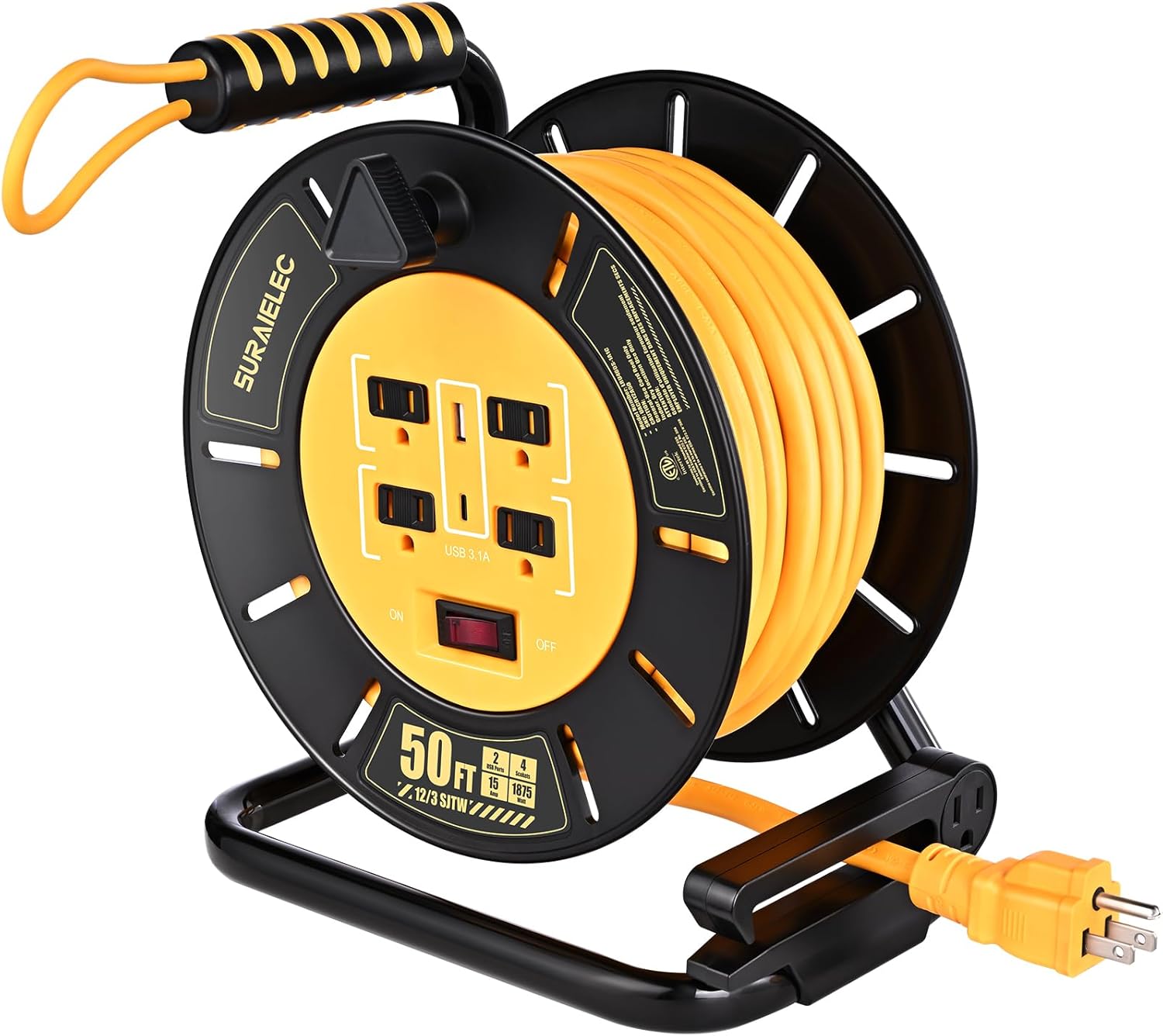 SURAIELEC 50FT Retractable Extension Cord Reel with USB Ports