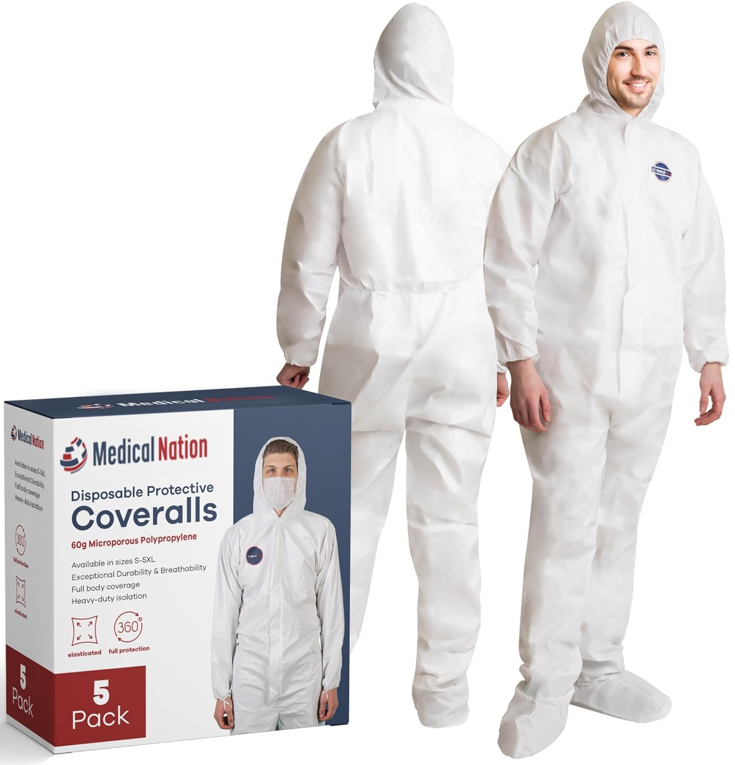 Hazmat Suits Disposable Pack of 5 Heavy Duty Protective Coveralls