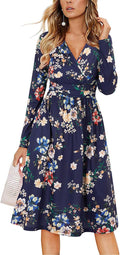 Women Fall Long Sleeve Wrap V Neck Midi Dress - Flattering Fit