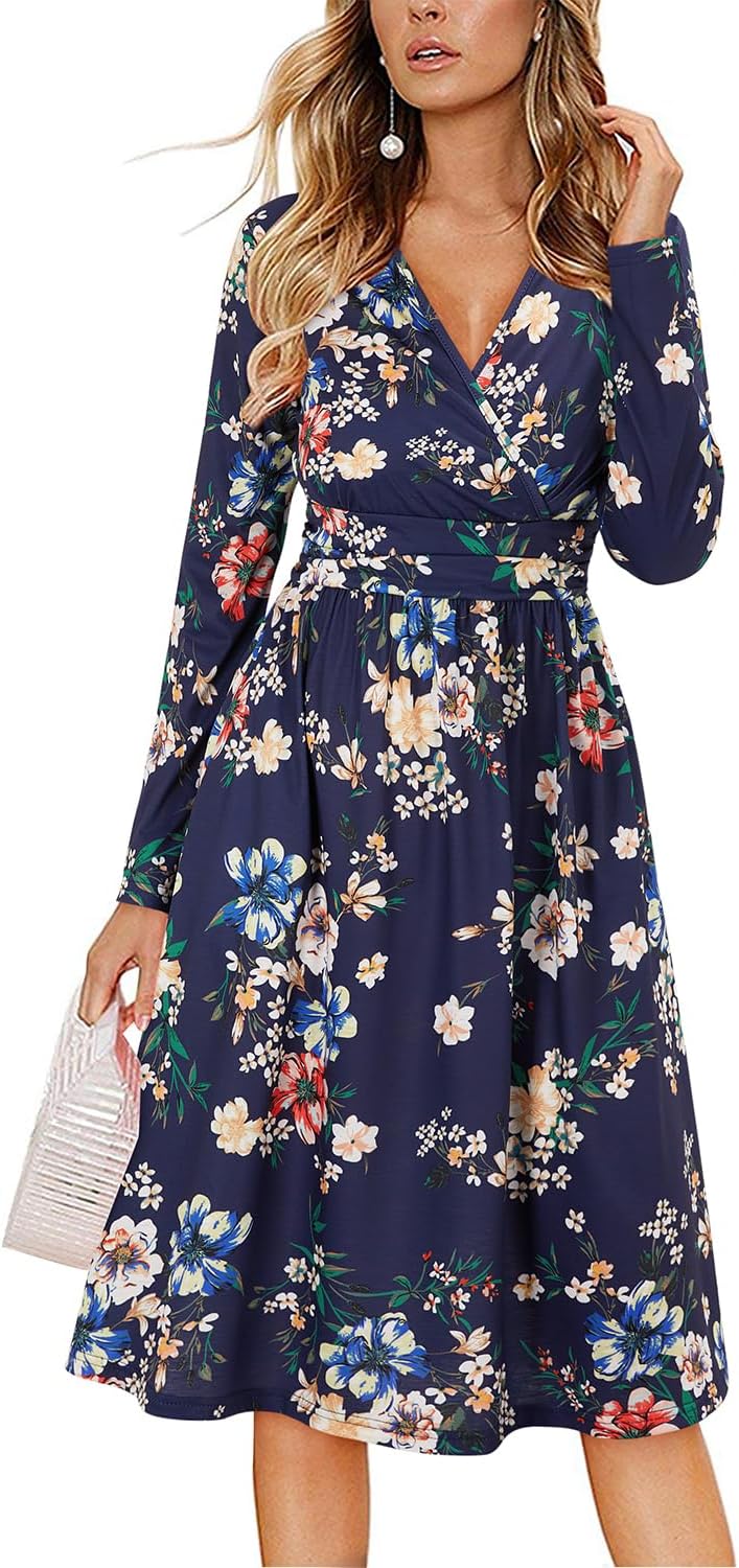 OUGES Women's Fall Long Sleeve Dress with Pockets for Weddings