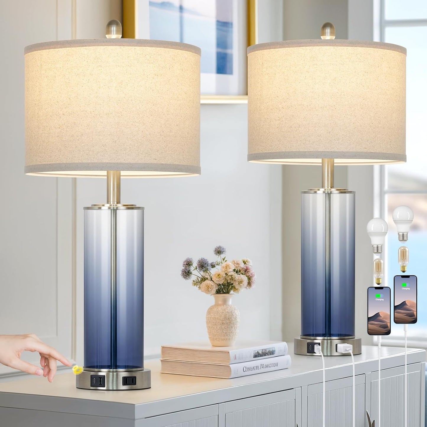 Coastal Blue Glass Table Lamps Set of 2 with USB Ports & Dimming