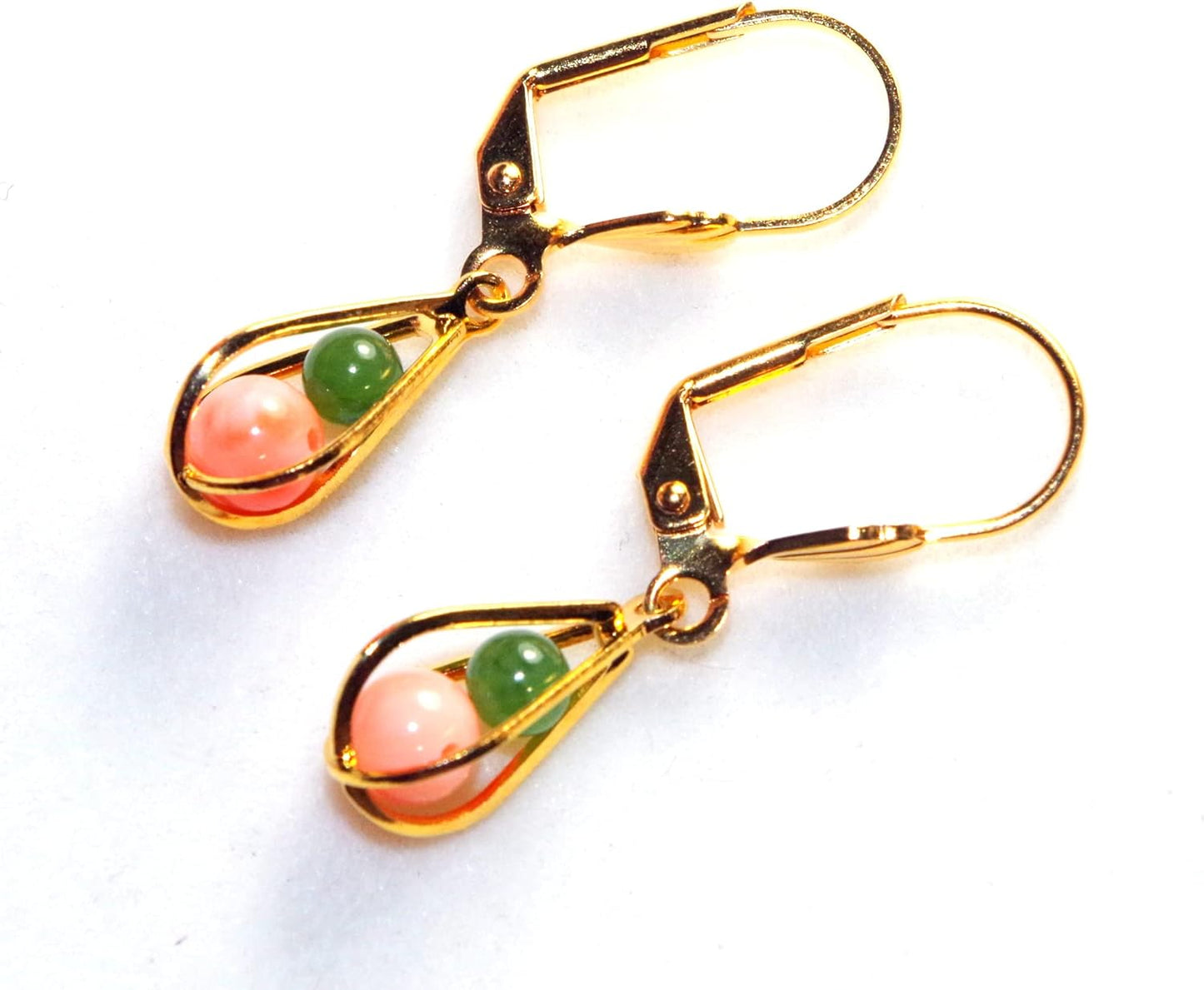 35th Anniversary Angel Skin Seed Coral Jade Caged Teardrop Earrings