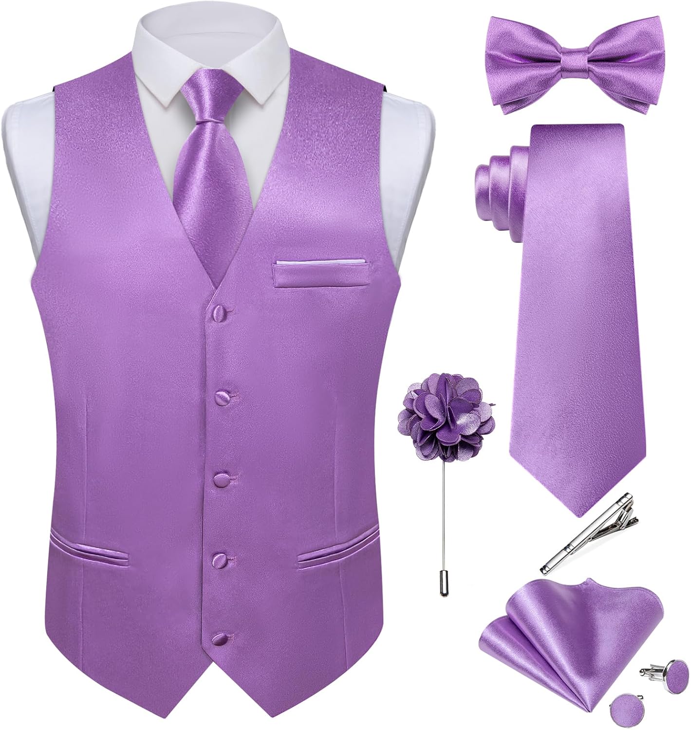 DiBanGu Mens Satin Suit Vest and Tie Set for Formal Events